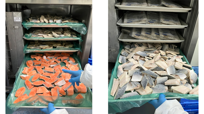 ステップ運転機能付解凍庫での魚類と鶏肉の解凍