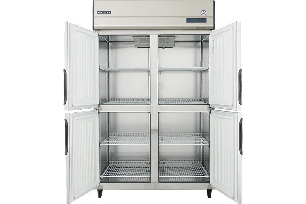Interior of an upright refrigerator with its doors open, showing the made-in-Japan stainless steel panels and shelves