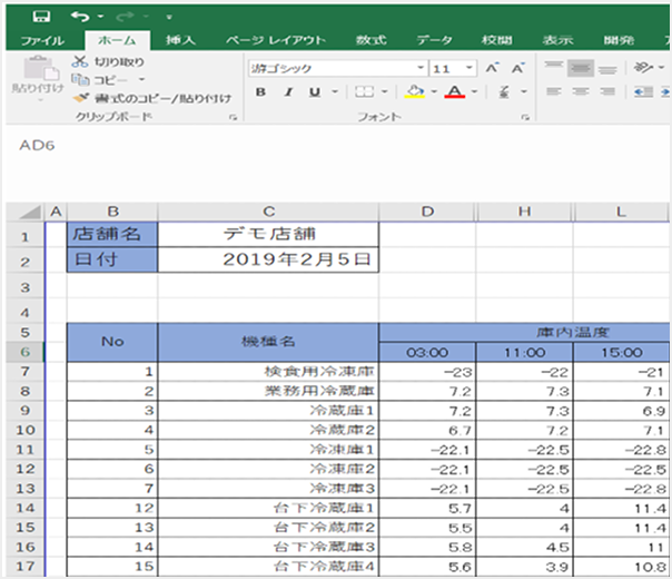 Excel形式で出力した温度記録の帳票サンプル